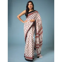 Zari Jaipur White Cotton Printed Saree With Unstitched Blouse-picture-33
