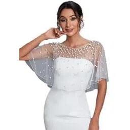 ZARINIVAS Pearl Beaded Wedding Cape, White Sheer Bridal Shawl, Short Sleeve Bolero Cover Up-picture-22