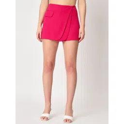 Zastraa Fuchsia Pink Cross Over Mini Scuba Skorts With Flap-picture-20