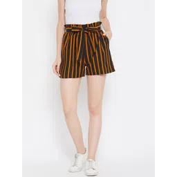 Zastraa Women Black & Rust Orange Striped Regular Fit Shorts with Belt-picture-13