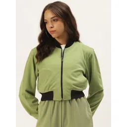 Zastraa Women Green Lightweight Crop Bomber Jacket-picture-32