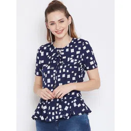 Zastraa Women Navy Blue & White Printed Peplum Top-picture-39
