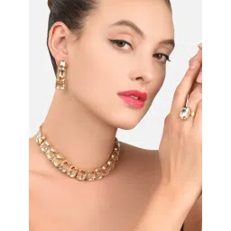 Zaveri Pearls Clear Alloy Necklace, Earring & Ring Set-image-17