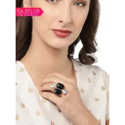 Zaveri Pearls Clear & Black Alloy Cocktail Ring - Set of 2-image-5