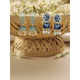 Zaveri Pearls Combo of 2 Blue & Mint Green Meenakari Jhumki Earrings-ZPFK18339-picture-19