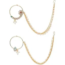 zaveri pearls Combo of 2 Enamelling & kundan With Chain Link Bridal Hoop Nose Ring For Women-ZPFK9588-picture-43