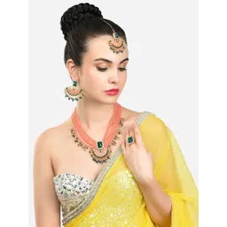 Zaveri Pearls Gold-Plated & Peach-Coloured Stone-Studded Pearl Beaded Jewellery Set-picture-16