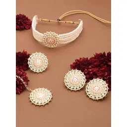 Zaveri Pearls Gold-Plated & Peach Pearls Meenakari Multistrand Crystal Necklace Set image 2
