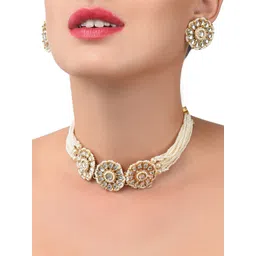 Zaveri Pearls Gold-Plated & White Kundan & Pearls Studded Multistrand Choker Jewellery Set-picture-34