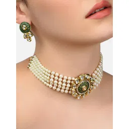 Zaveri Pearls Gold-Plated & White Kundan & Pearls Studded Multistrand Choker Jewellery Set-picture-35