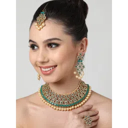 Zaveri Pearls Gold-Plated Green & White Kundan-Studded & Beaded Jewellery Set-picture-30
