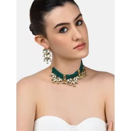 Zaveri Pearls Gold-Plated Green & White Kundan-Studded Beaded Jewellery Set-picture-31