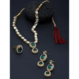 Zaveri Pearls Gold-Plated Green & White Kundan-Studded Jewellery Set-picture-15