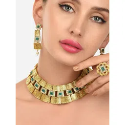 Zaveri Pearls Gold-Plated Green Stones & Austrian Diamonds Necklace Set-picture-12