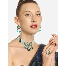 Zaveri Pearls Gold-Plated Kundan Stones & Beads Necklace With Earrings & Finger Ring-picture-30