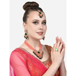 Zaveri Pearls Gold-Plated Peach & Green Kundan & Bead Studded Jewellery Set-picture-14