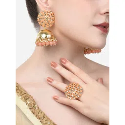 Zaveri Pearls Gold-Plated Peach Beaded & Stone Studded  Jewellery Set-picture-19