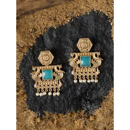 Zaveri Pearls Gold-Plated Peacock Shaped Stone Studded & Beaded Drop Earrings-picture-36