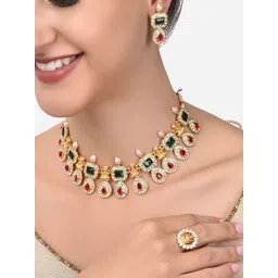 Zaveri Pearls Gold-Plated Pink & Green Stone Studded Jewellery Set-picture-28
