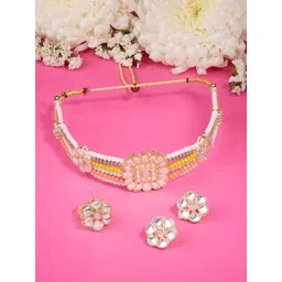 Zaveri Pearls Gold-Plated Stone-Studded & Beaded Choker Necklace Earring & Ring Set-picture-20