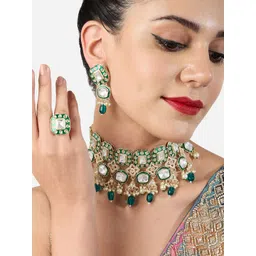 Zaveri Pearls Gold-Plated Stone Studded & Beaded Jewellery Set-picture-18