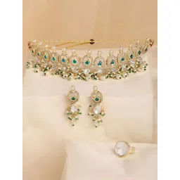 Zaveri Pearls Gold-Plated Stone Studded & Beaded Jewellery Set image 5