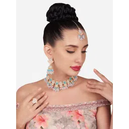 Zaveri Pearls Gold-Plated Stone-Studded & Beaded Jewellery Set With Maang Tikka & Ring-picture-31