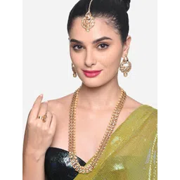 Zaveri Pearls Gold-Plated Stone Studded & Beaded Necklace & Earrings With Maang Tika-picture-22