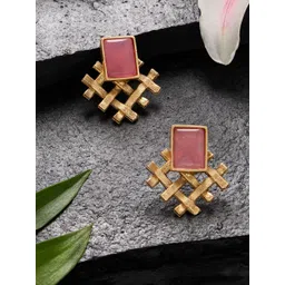 Zaveri Pearls Gold-Plated Stone Studded Square Fusion Style Studs-picture-35