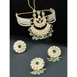 Zaveri Pearls Gold-Plated White & Blue Kundan Studded & Beaded Jewellery Set-picture-27