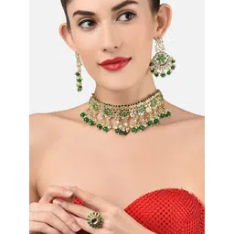 Zaveri Pearls Gold-Plated White & Green Kundan Studded & Beaded Jewellery Set-picture-28