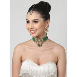 Zaveri Pearls Gold-Plated White & Green Kundan-Studded & Crystal Beaded Jewellery Set-picture-36