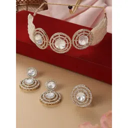 Zaveri Pearls Gold Tone Austrian Diamonds Stones Choker Necklace Earring & Ring Set-ZPFK16577-picture-13