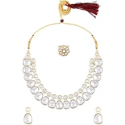 zaveri pearls Gold Tone Dazzling Kundan Statement Necklace Earring & Ring Set For Women-ZPFK15659-picture-31