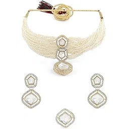 zaveri pearls Gold Tone Multistrand Beaded Austrian Diamonds Choker Necklace Earring & Ring Set For Women-ZPFK16762-picture-41