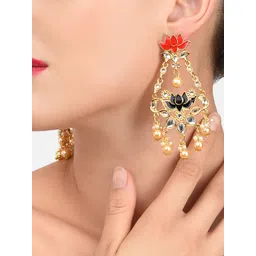 Zaveri Pearls Gold-Toned & Blue Enamelled Lotus Design Drop Earrings-picture-10