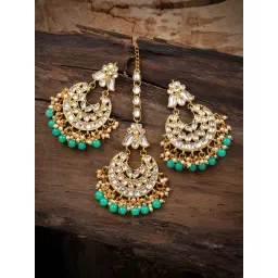 Zaveri Pearls Green & Clear Alloy Earring & Maang Tikka Set-image-35