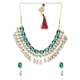 Zaveri Pearls Green & Off-White Gold-Plated Stone-Studded Beaded Jewellery Set-picture-27