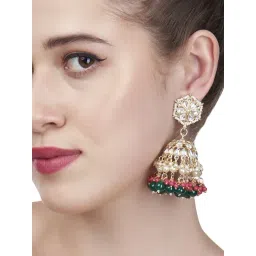 Zaveri Pearls Green & Pink Beads Traditional Kundan Jhumki Earrings-ZPFK13554-picture-17