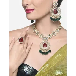 Zaveri Pearls Green & Red Colour Austrian Diamonds Beads Bid Necklace Earring & Ring Set-ZPFK16406-picture-13