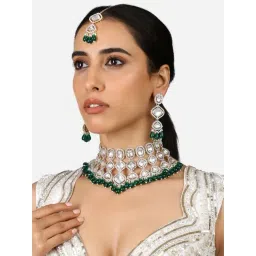 Zaveri Pearls Green Bead Austrian Diamonds Bridal Choker Necklace Earring Maangtikka Set-ZPFK17312-picture-40