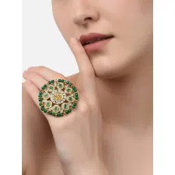Zaveri Pearls Green Beads & Kundan Embellished Goddess Laxmi Temple Finger Ring-ZPFK10783-picture-24