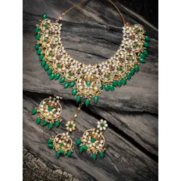 Zaveri Pearls Green Beads Drop Kundan Embellished Bridal Necklace Earring & Maangtikka Set-picture-35