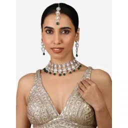 Zaveri Pearls Green Beads Drop Statement Choker Necklace Earring Maangtikka Set-ZPFK17350-picture-16