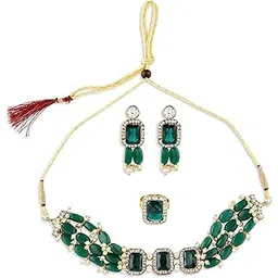 zaveri pearls Green Beads Ethnic Choker Necklace Earring & Ring Set For Women-ZPFK10767-picture-56
