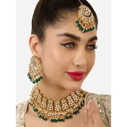 Zaveri Pearls Green Beads Kundan Choker Necklace Earring & Maangtikka Set-ZPFK17582-picture-26
