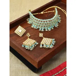 Zaveri Pearls Green Beads Traditional Kundan Choker Necklace Earring & Ring Set-ZPFK11064-picture-13