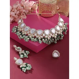 Zaveri Pearls Green Cluster Beads Drop Kundan Choker Necklace Earring & Ring Set-ZPFK16122-picture-47