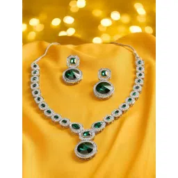 Zaveri Pearls Green Dazzling Stones Austrian Diamonds Fusion Wear Necklace & Earring Set-picture-26