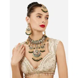 Zaveri Pearls Green Meenakari Dazzling Stones Beads Drop Necklace Earring & Maangtikka Set-picture-29
